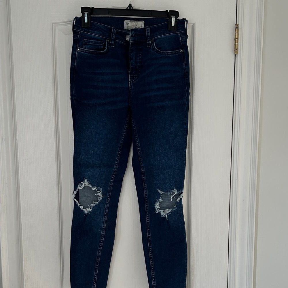 Free People Dark Blue Distressed Skinny Jeans